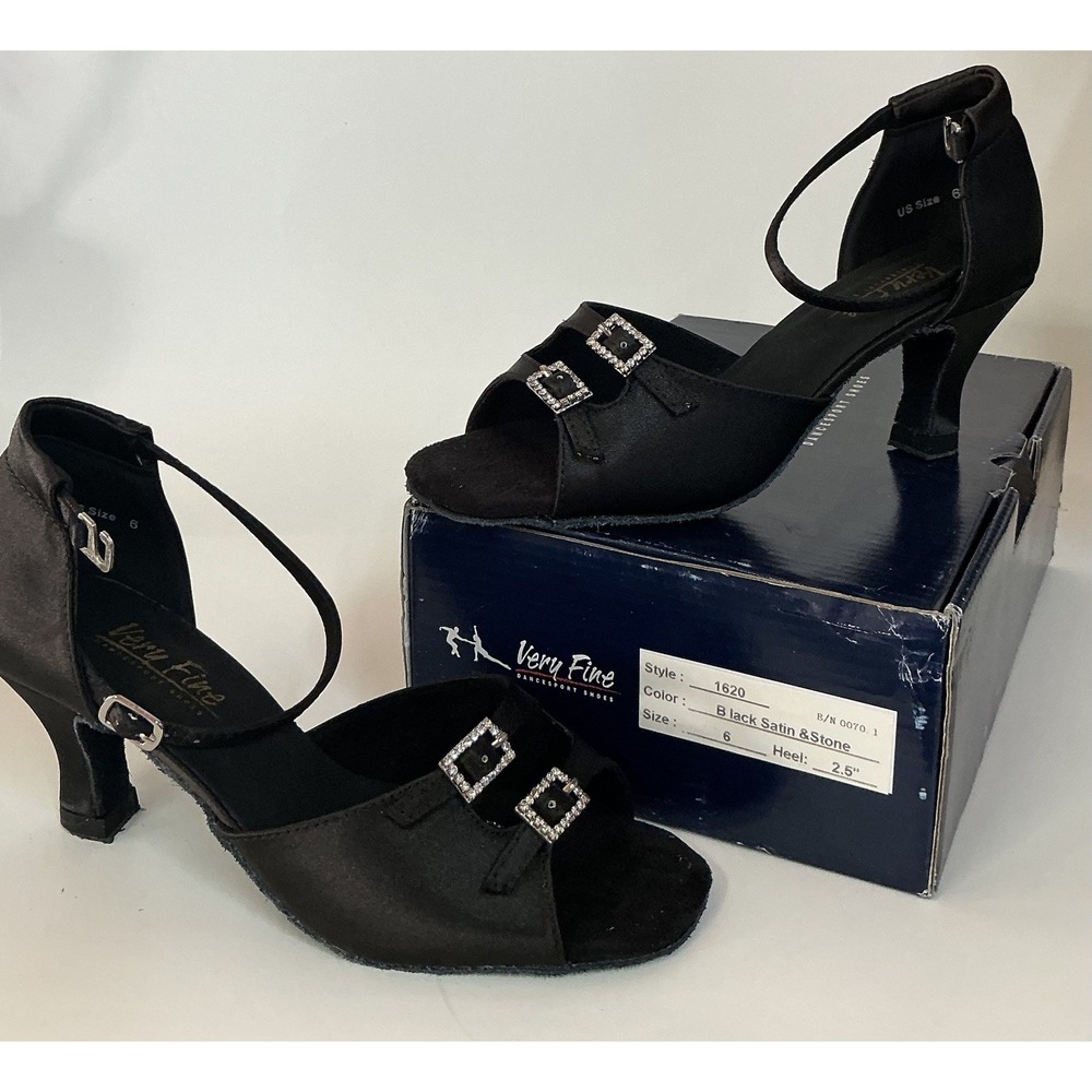 Very Fine Black Satin Open-Toe Ankle-Strap Heels with Stone Buckles